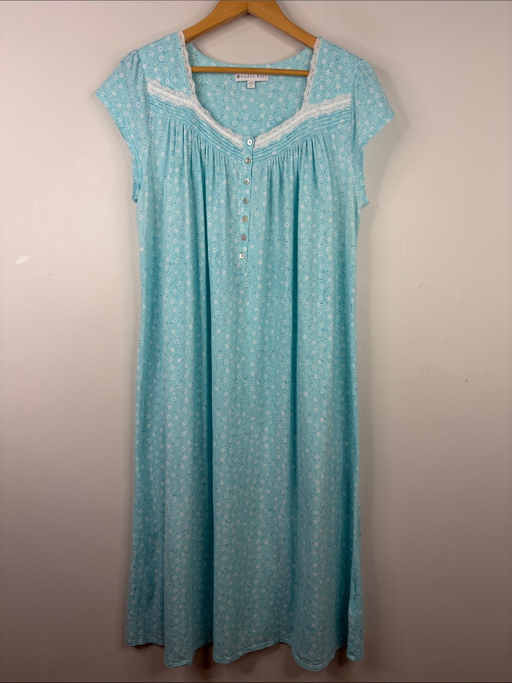 Eileen West Nightgown Womens Large Blue Cotton Floral Short Sleeve Long Midi